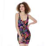 Colorful Leaf Tropical Pattern Print Sleeveless Bodycon Dress