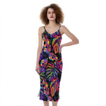 Colorful Leaf Tropical Pattern Print Slim Fit Midi Cami Dress