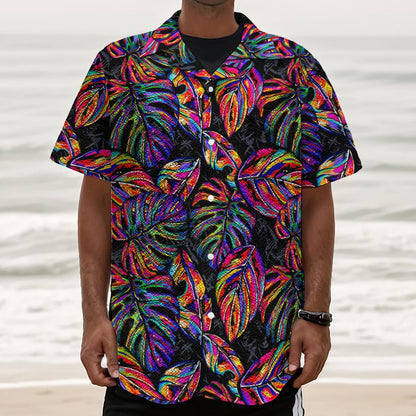 Colorful Leaf Tropical Pattern Print Textured Short Sleeve Shirt