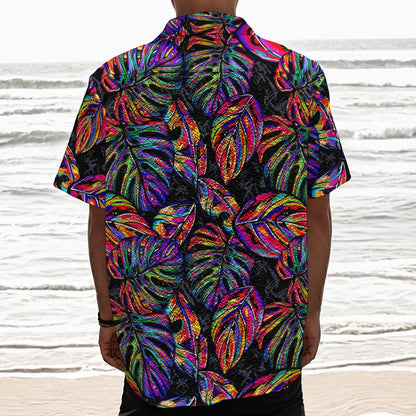 Colorful Leaf Tropical Pattern Print Textured Short Sleeve Shirt