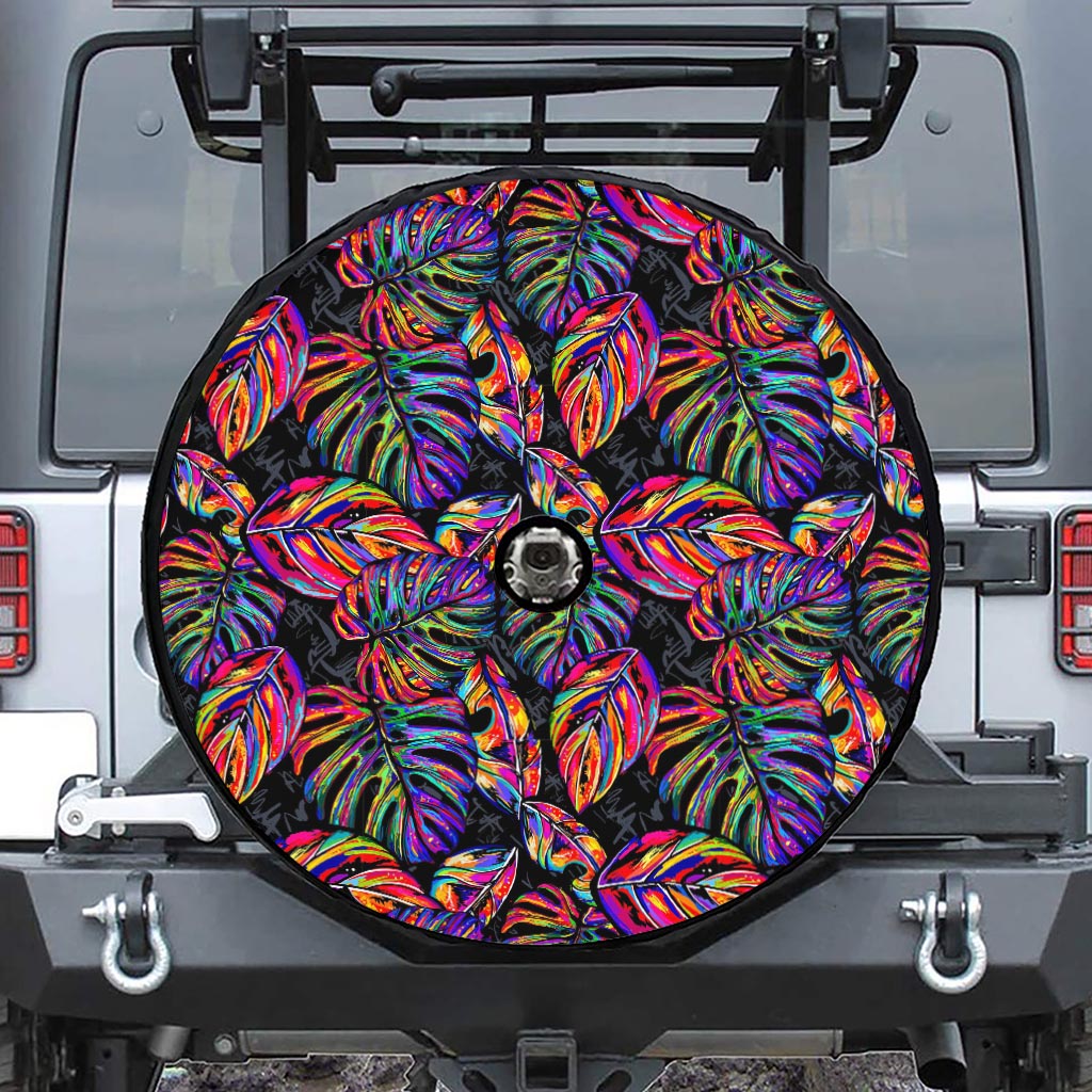 Colorful Leaf Tropical Pattern Print Tire Cover With Camera Hole