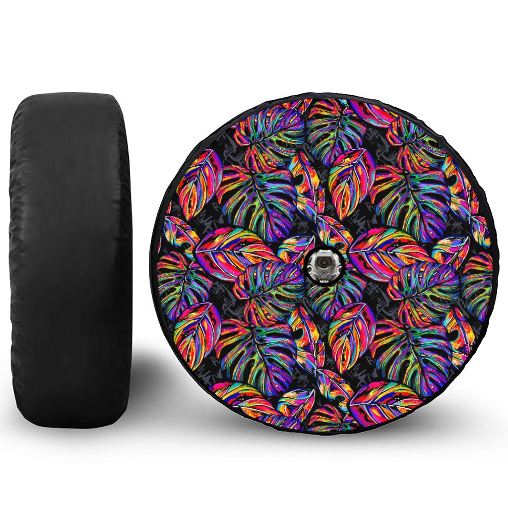 Colorful Leaf Tropical Pattern Print Tire Cover With Camera Hole