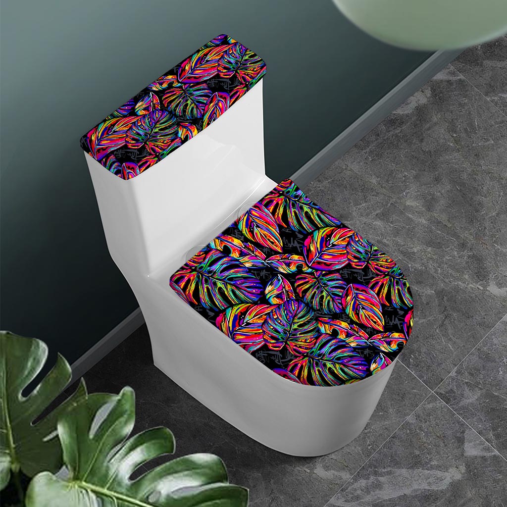 Colorful Leaf Tropical Pattern Print Toilet Lid And Tank Cover Set
