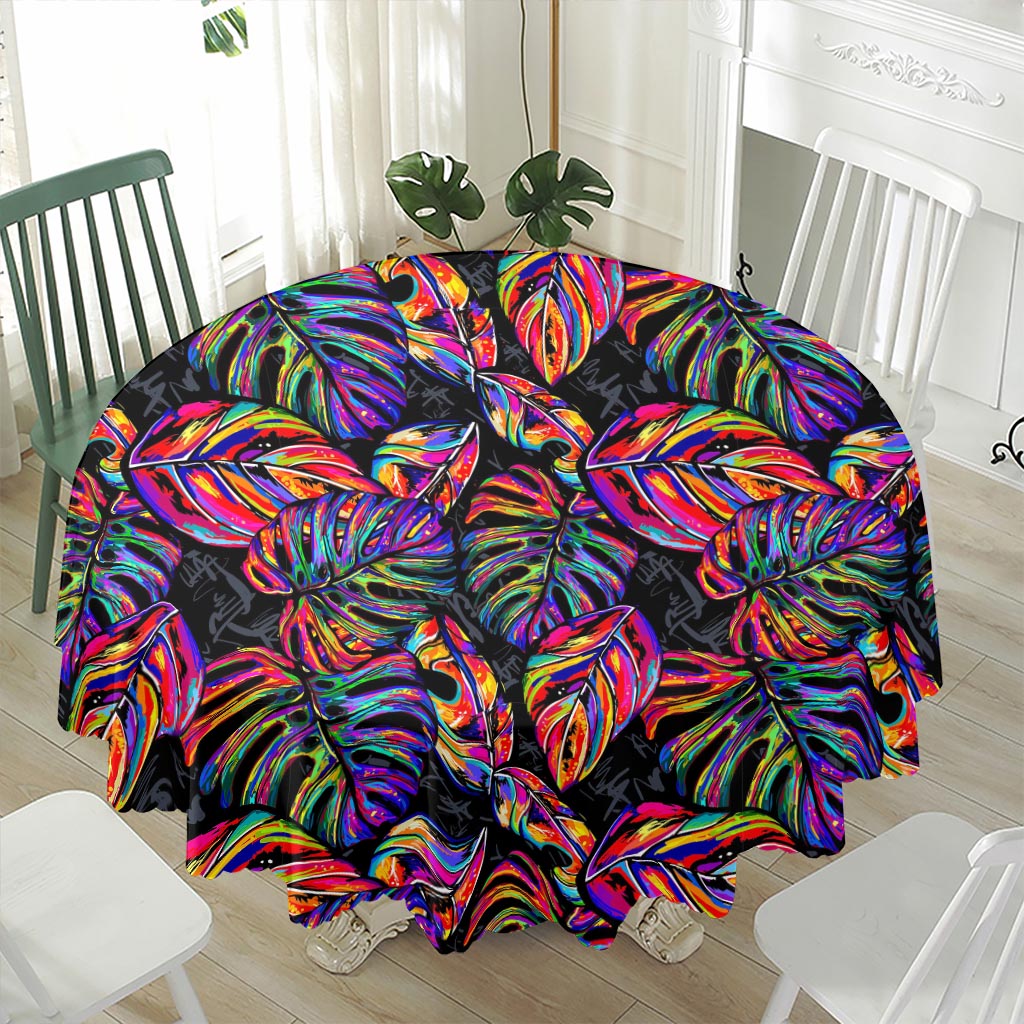 Colorful Leaf Tropical Pattern Print Waterproof Round Tablecloth