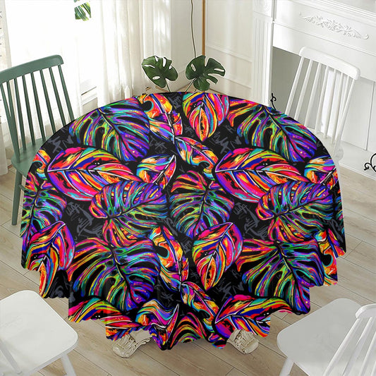 Colorful Leaf Tropical Pattern Print Waterproof Round Tablecloth