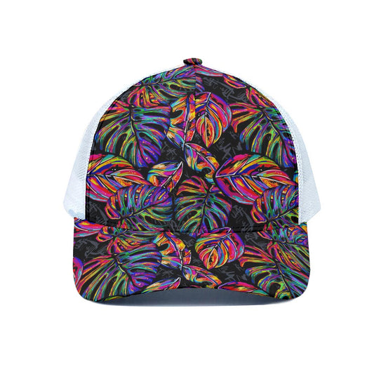 Colorful Leaf Tropical Pattern Print White Mesh Trucker Cap