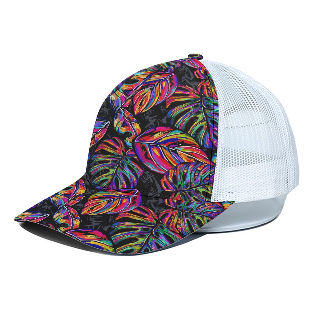 Colorful Leaf Tropical Pattern Print White Mesh Trucker Cap