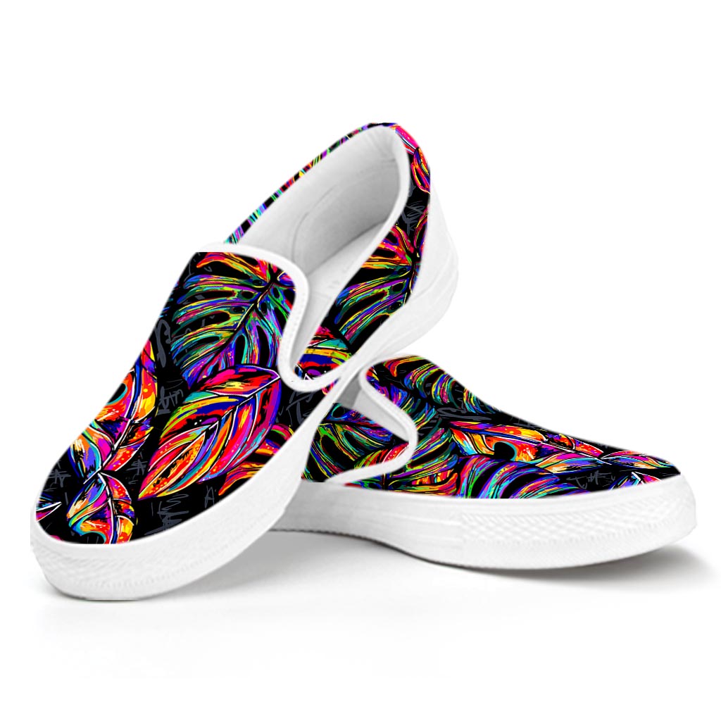 Colorful Leaf Tropical Pattern Print White Slip On Sneakers