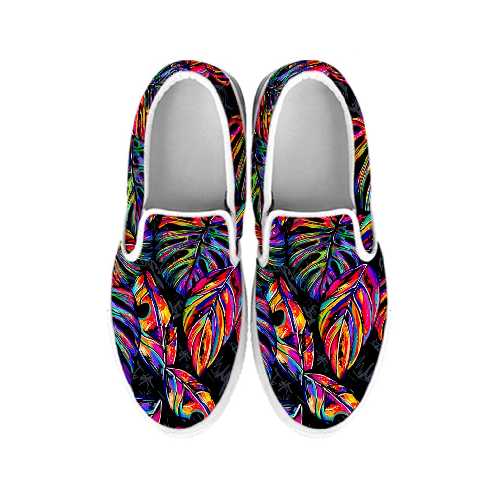 Colorful Leaf Tropical Pattern Print White Slip On Sneakers