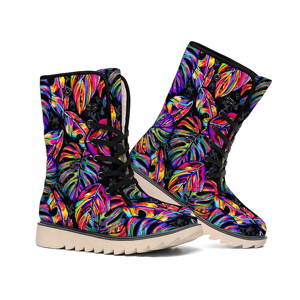 Colorful Leaf Tropical Pattern Print Winter Boots