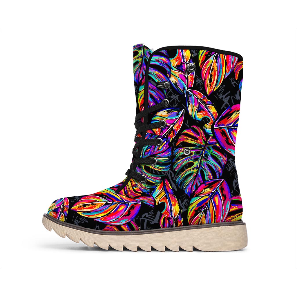 Colorful Leaf Tropical Pattern Print Winter Boots