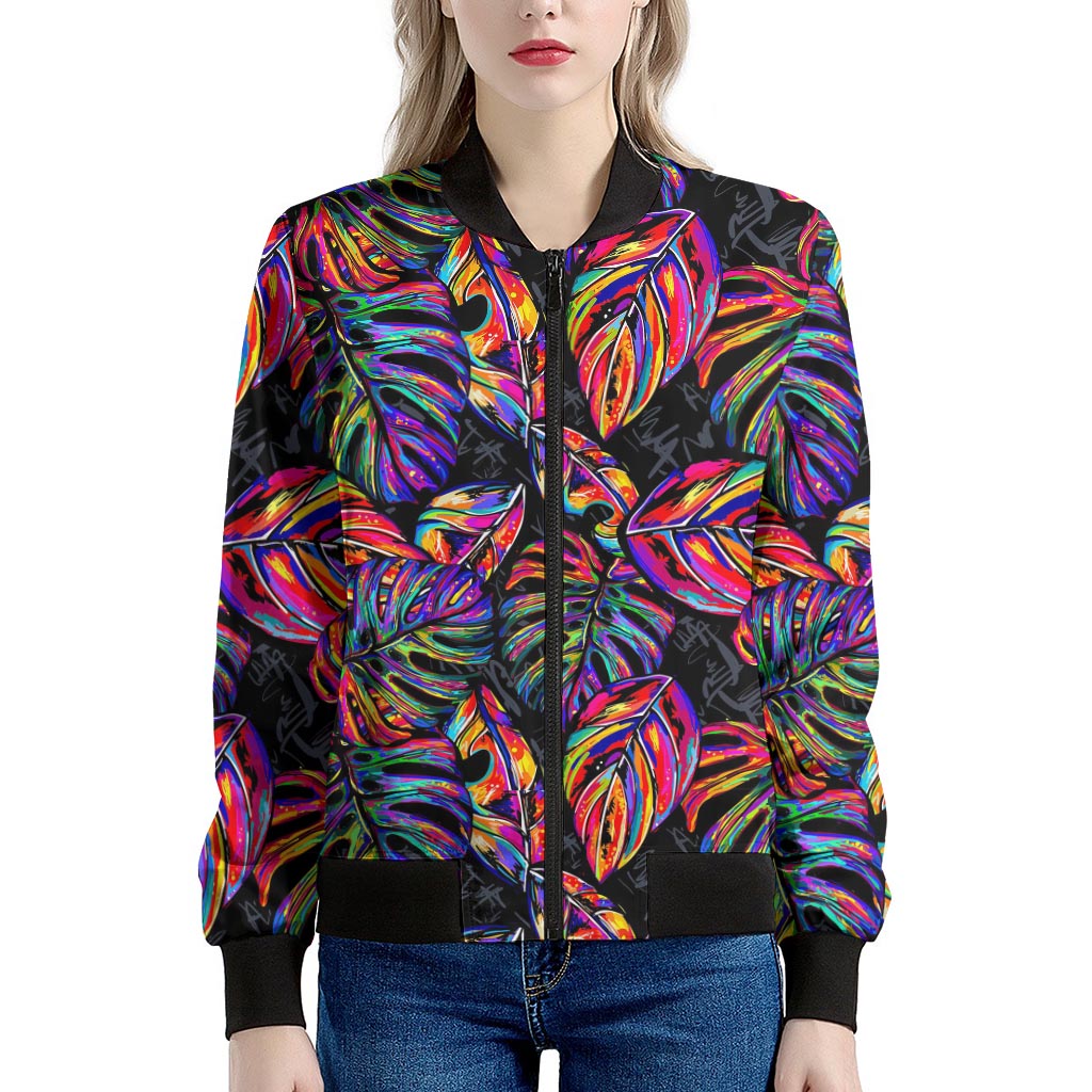 Colorful Leaf Tropical Pattern Print Women's Bomber Jacket