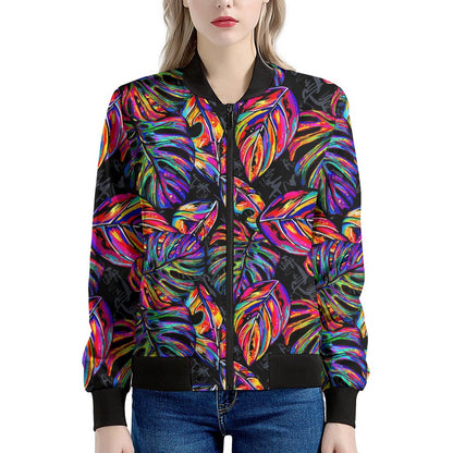 Colorful Leaf Tropical Pattern Print Women's Bomber Jacket