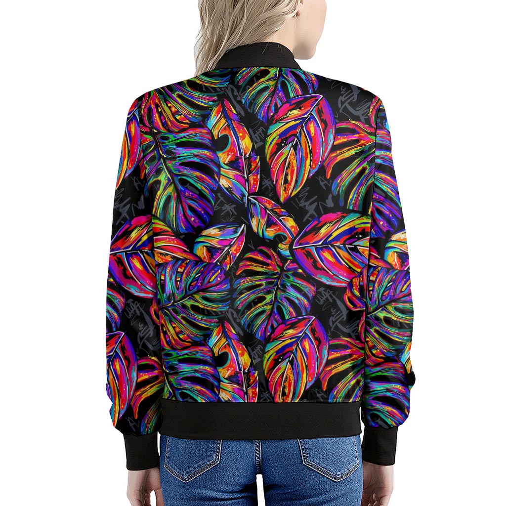 Colorful Leaf Tropical Pattern Print Women's Bomber Jacket