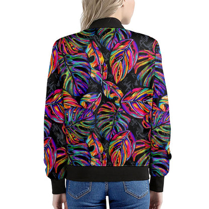 Colorful Leaf Tropical Pattern Print Women's Bomber Jacket