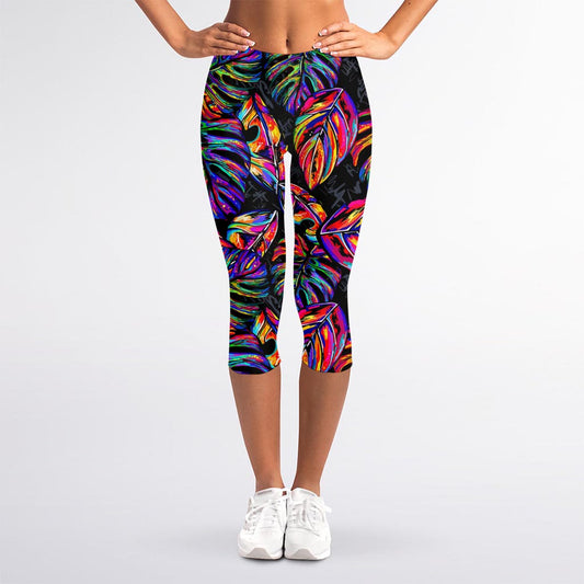 Colorful Leaf Tropical Pattern Print Women's Capri Leggings