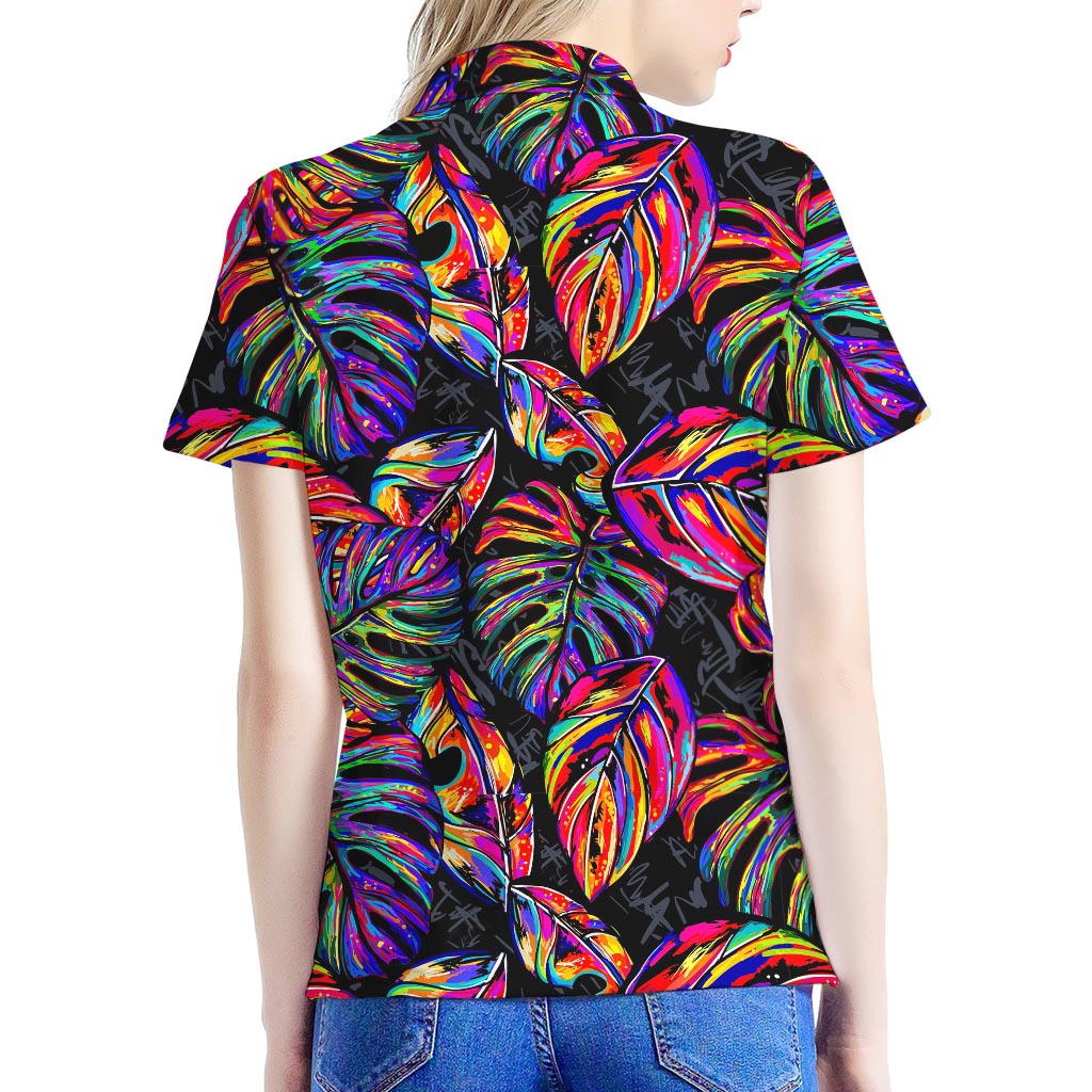 Colorful Leaf Tropical Pattern Print Women's Polo Shirt