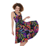 Colorful Leaf Tropical Pattern Print Women's Sleeveless Dress