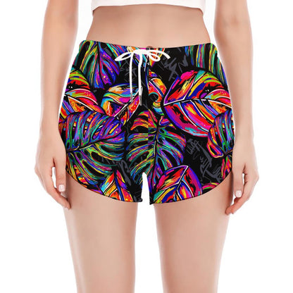 Colorful Leaf Tropical Pattern Print Women's Split Running Shorts