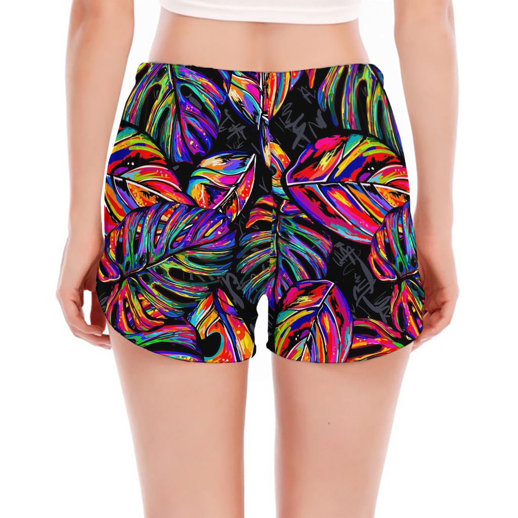 Colorful Leaf Tropical Pattern Print Women's Split Running Shorts