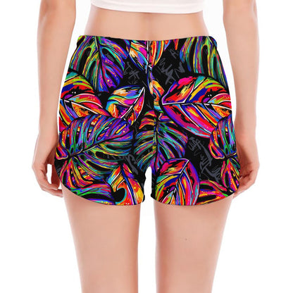 Colorful Leaf Tropical Pattern Print Women's Split Running Shorts