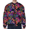 Colorful Leaf Tropical Pattern Print Zip Sleeve Bomber Jacket