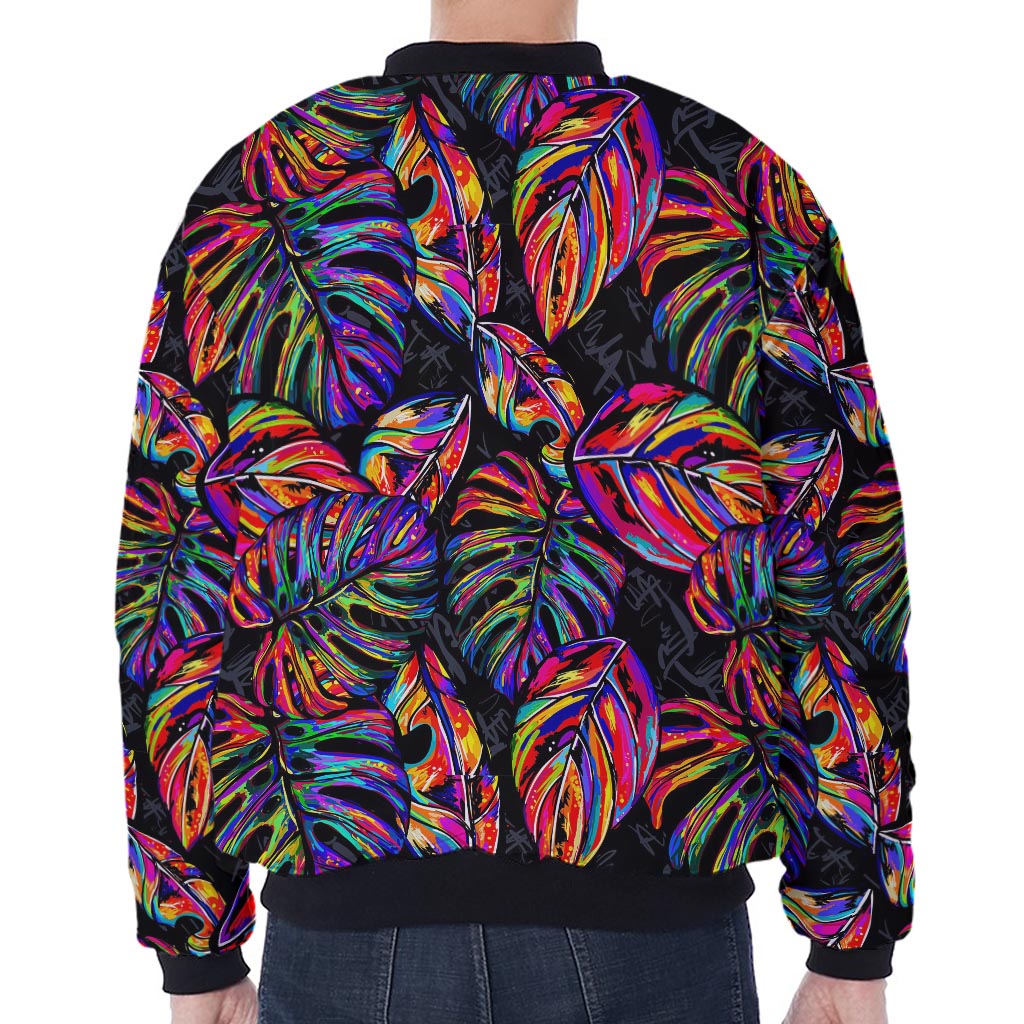 Colorful Leaf Tropical Pattern Print Zip Sleeve Bomber Jacket