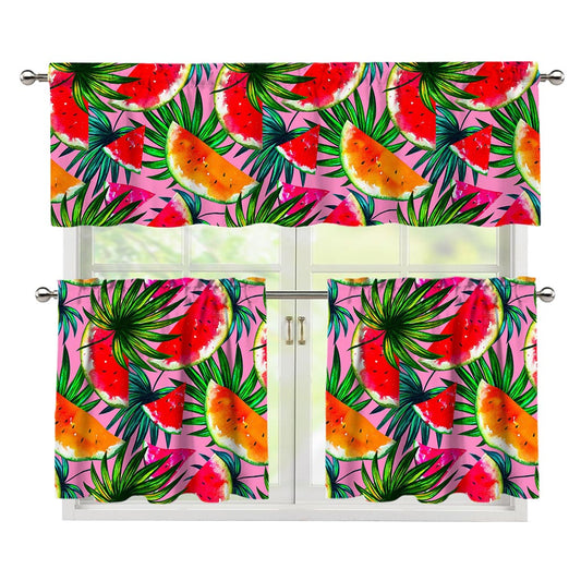 Colorful Leaf Watermelon Pattern Print 3 Piece Kitchen Curtains