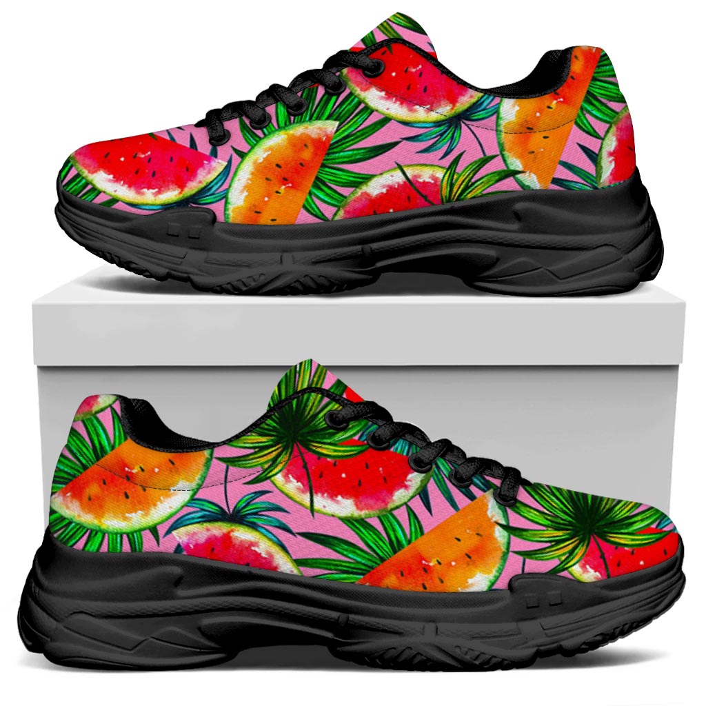 Colorful Leaf Watermelon Pattern Print Black Chunky Shoes