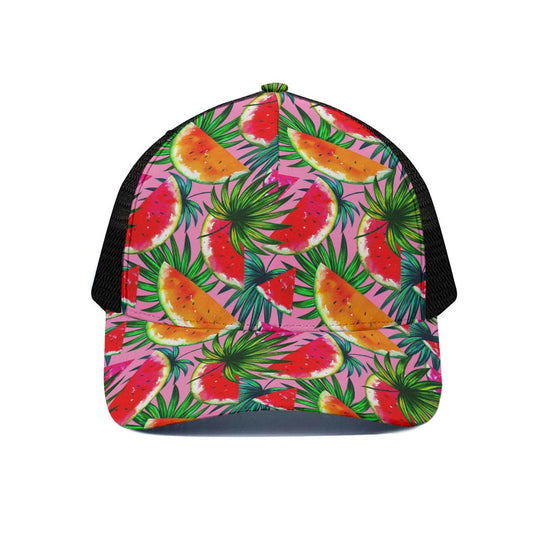 Colorful Leaf Watermelon Pattern Print Black Mesh Trucker Cap