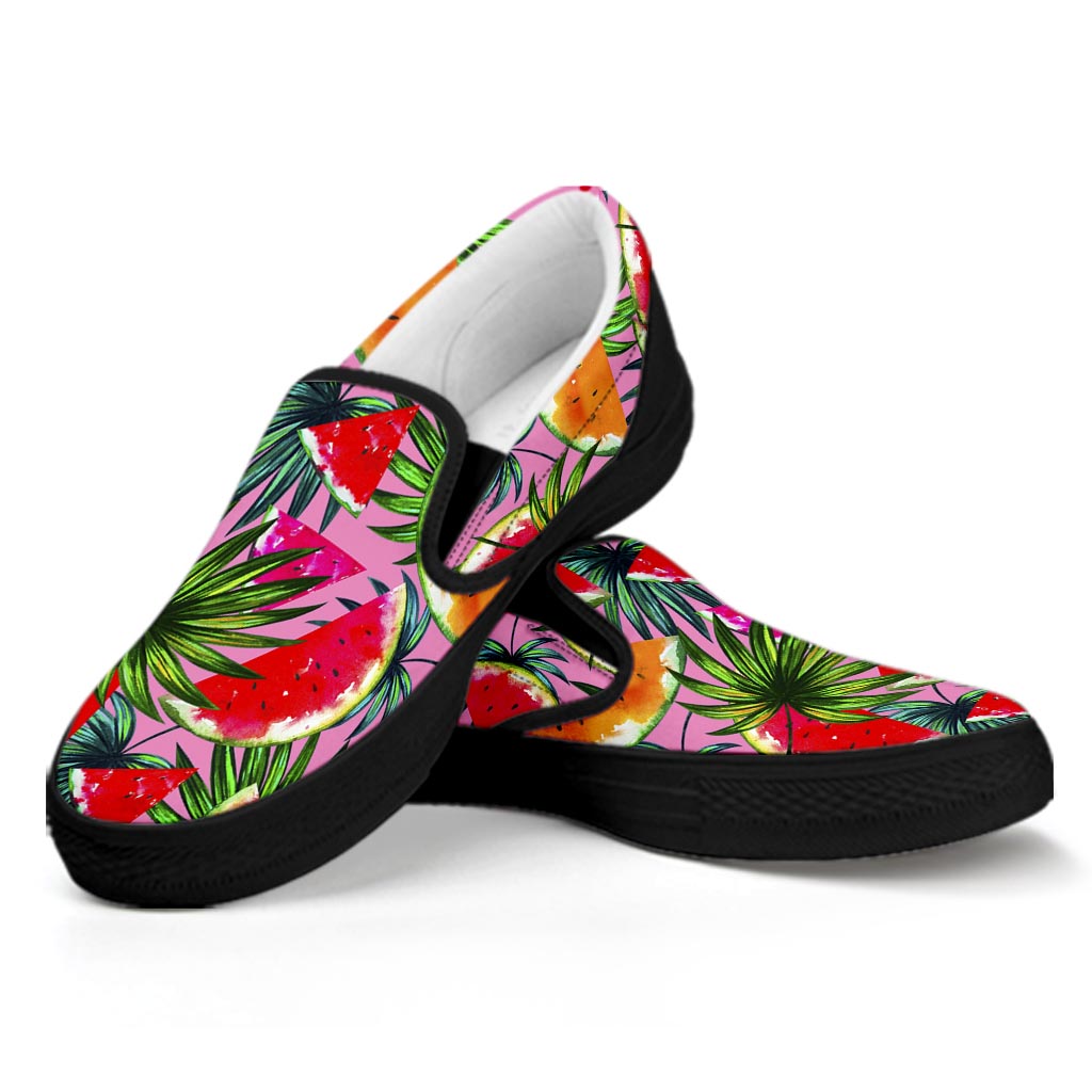 Colorful Leaf Watermelon Pattern Print Black Slip On Sneakers