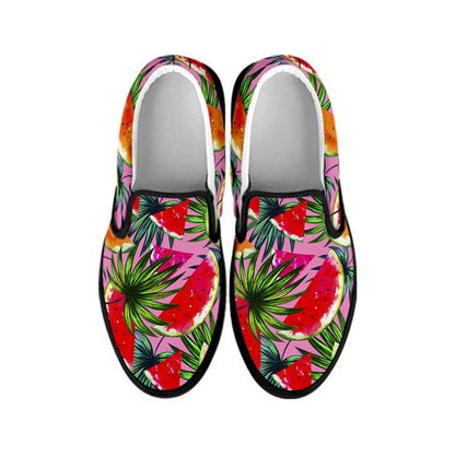 Colorful Leaf Watermelon Pattern Print Black Slip On Sneakers