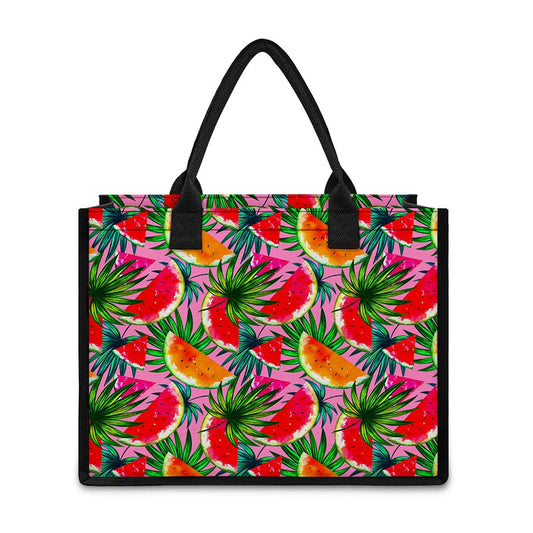 Colorful Leaf Watermelon Pattern Print Canvas Tote Bag