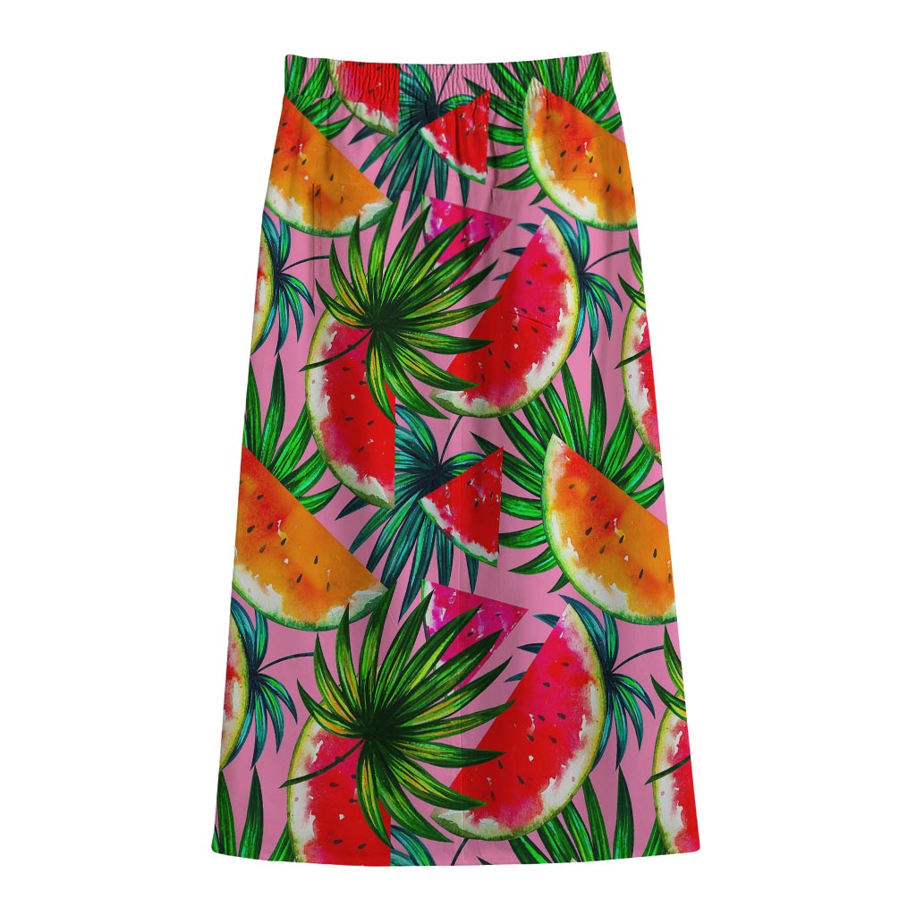 Colorful Leaf Watermelon Pattern Print Cotton Front Slit Maxi Skirt
