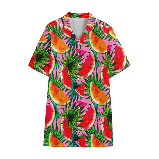 Colorful Leaf Watermelon Pattern Print Cotton Hawaiian Shirt