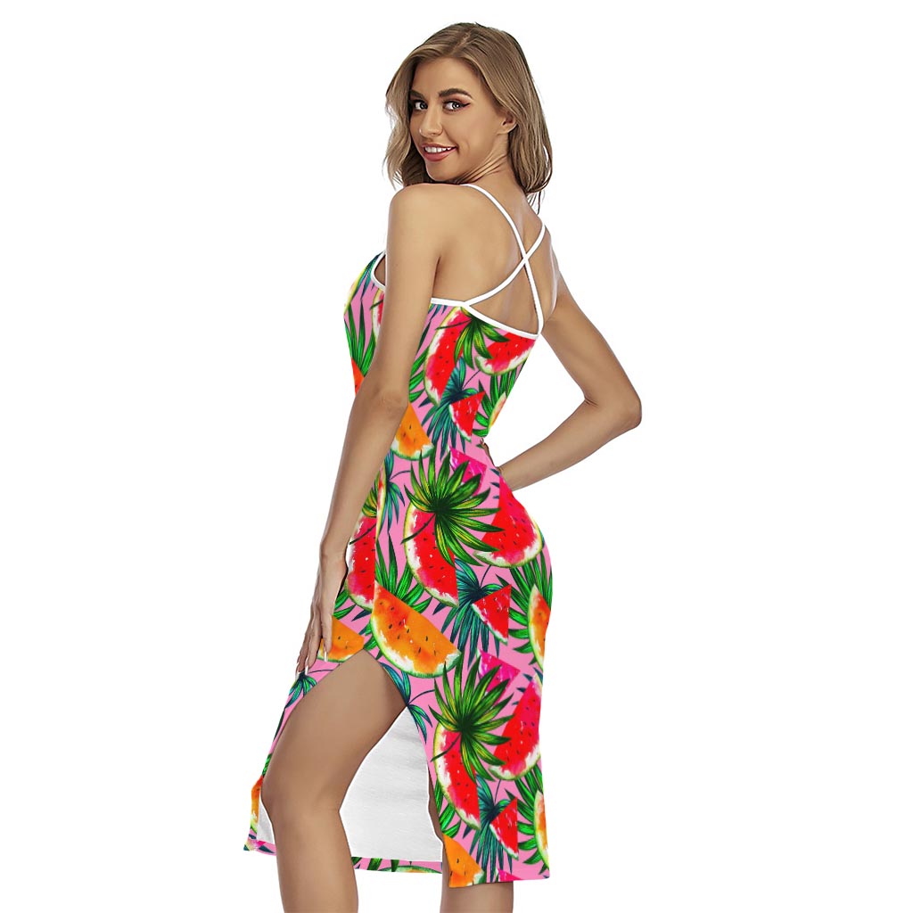 Colorful Leaf Watermelon Pattern Print Cross Back Cami Dress