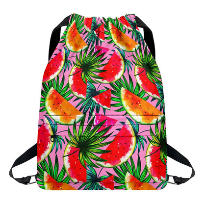 Colorful Leaf Watermelon Pattern Print Drawstring Backpack