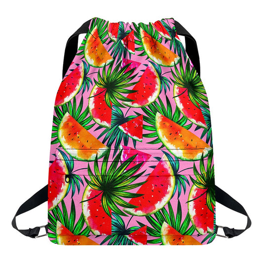 Colorful Leaf Watermelon Pattern Print Drawstring Backpack