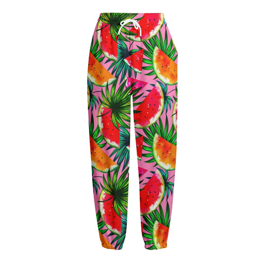 Colorful Leaf Watermelon Pattern Print Fleece Lined Knit Pants