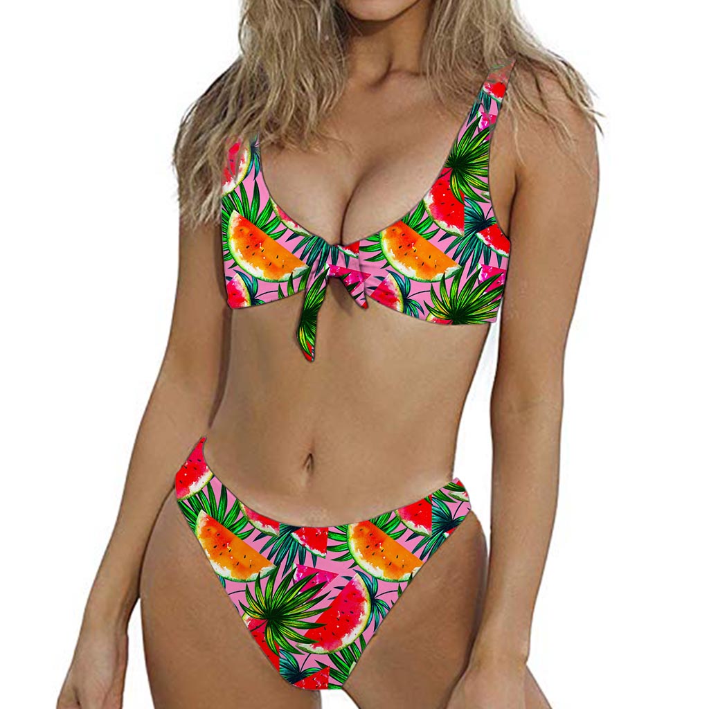 Colorful Leaf Watermelon Pattern Print Front Bow Tie Bikini