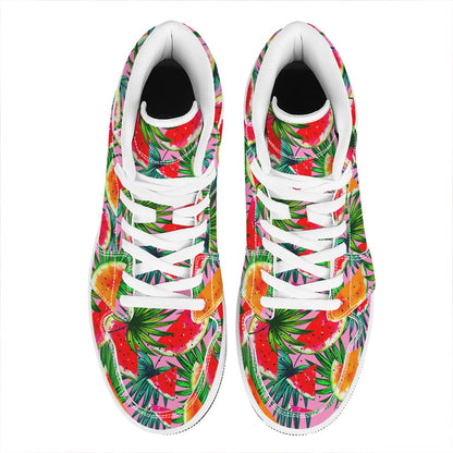 Colorful Leaf Watermelon Pattern Print High Top Leather Sneakers