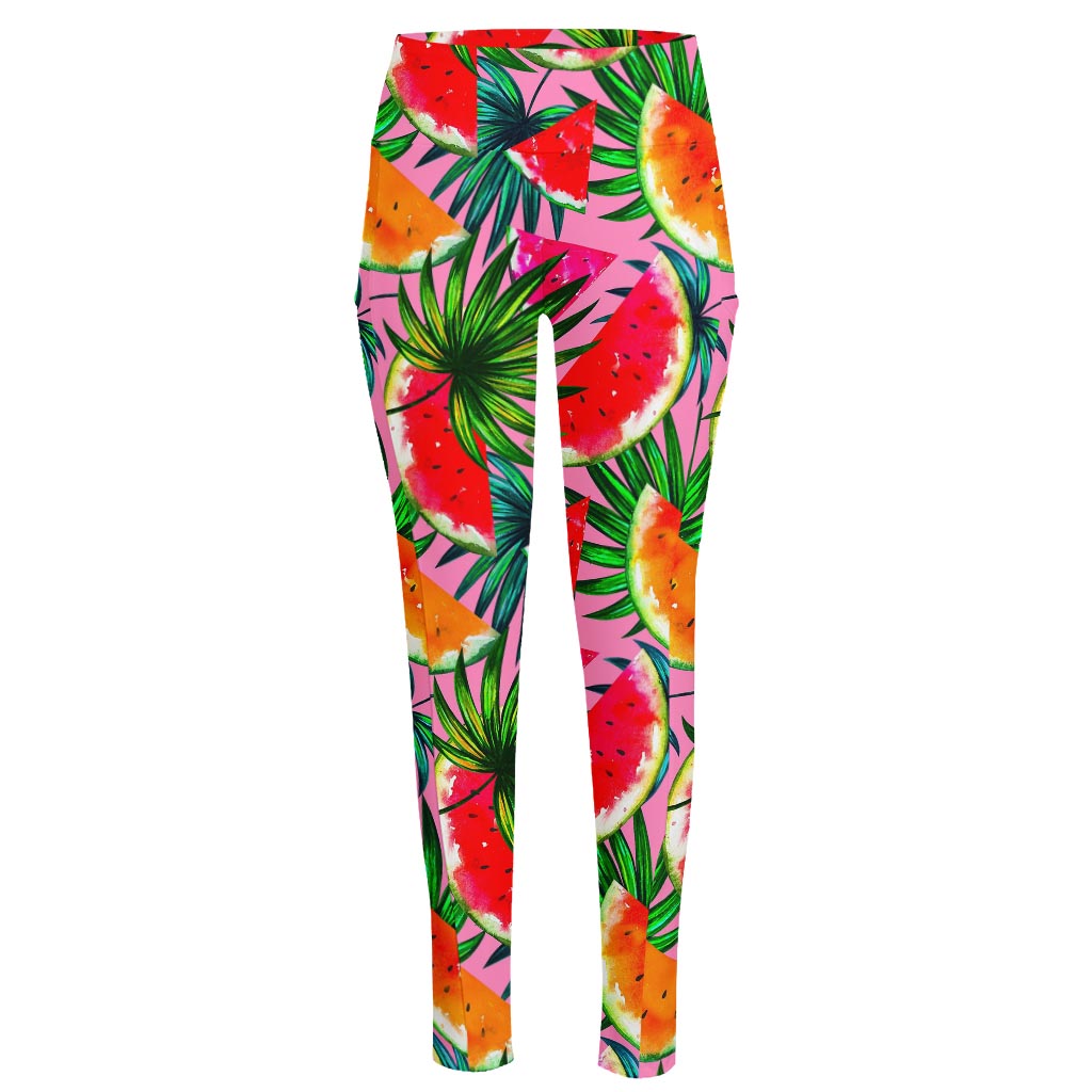 Colorful Leaf Watermelon Pattern Print High-Waisted Pocket Leggings
