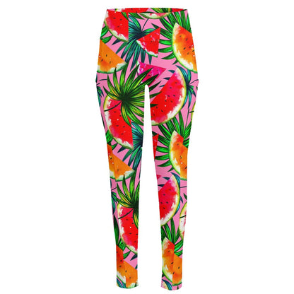 Colorful Leaf Watermelon Pattern Print High-Waisted Pocket Leggings