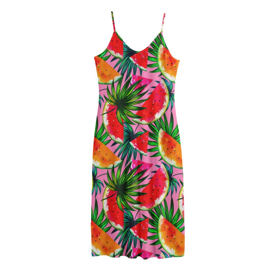 Colorful Leaf Watermelon Pattern Print Jersey Midi Cami Dress