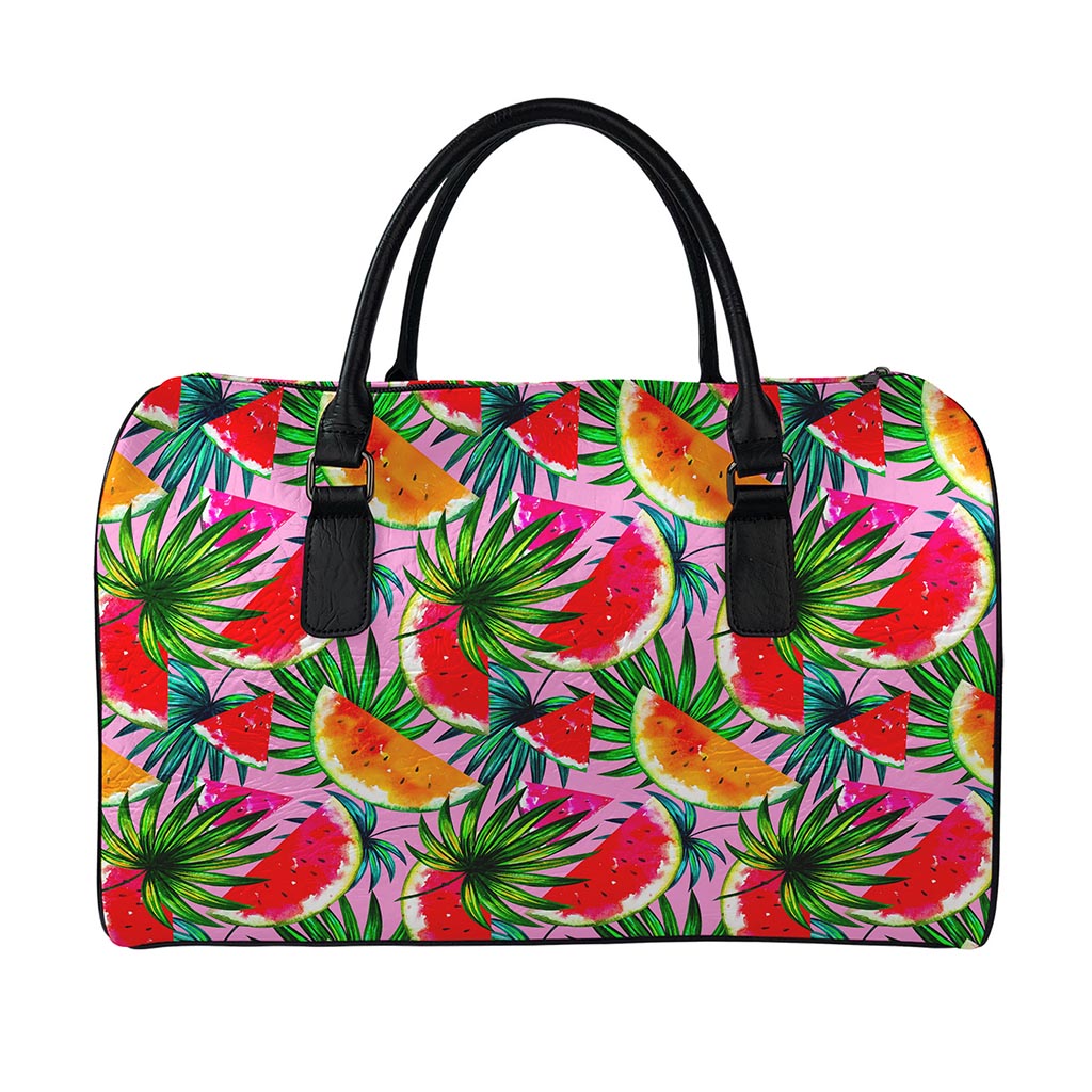 Colorful Leaf Watermelon Pattern Print Leather Duffle Bag