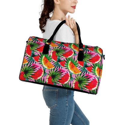 Colorful Leaf Watermelon Pattern Print Leather Duffle Bag