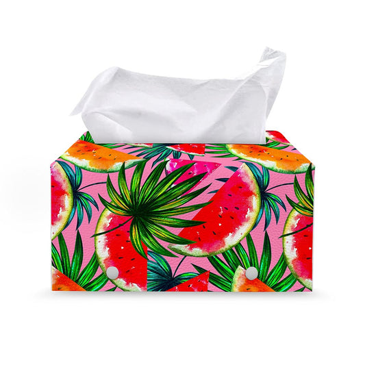Colorful Leaf Watermelon Pattern Print Leather Tissue Box Cover