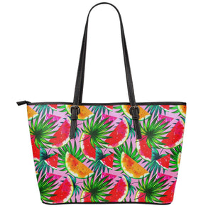 Colorful Leaf Watermelon Pattern Print Leather Tote Bag