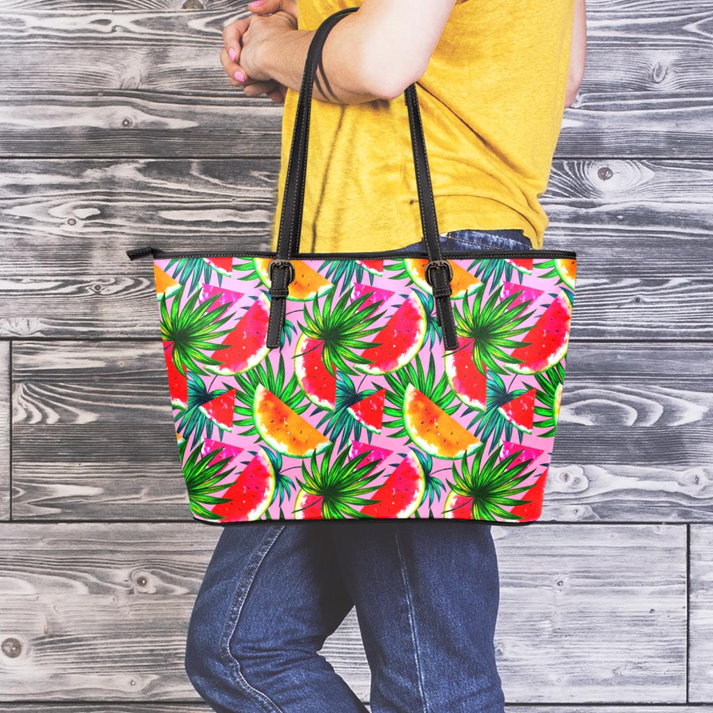 Colorful Leaf Watermelon Pattern Print Leather Tote Bag