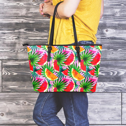 Colorful Leaf Watermelon Pattern Print Leather Tote Bag